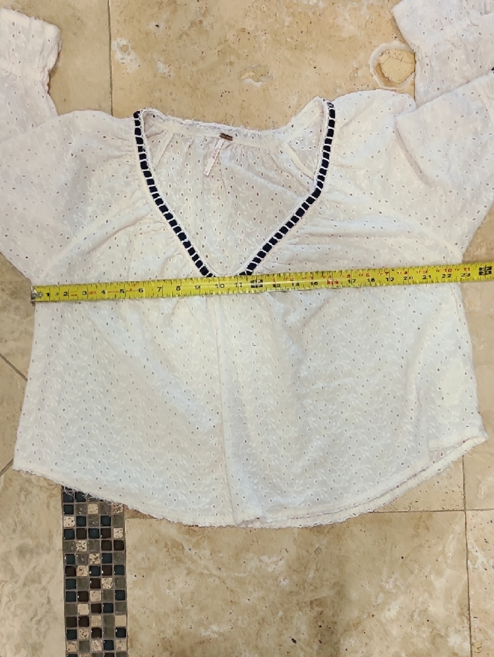 Free People Cream Eyelet Peasant Top with Navy Trim - Picture 11 of 13
